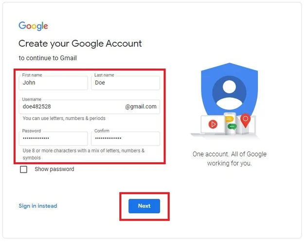 Activate a Gmail account with a US number for Gmail step 2 